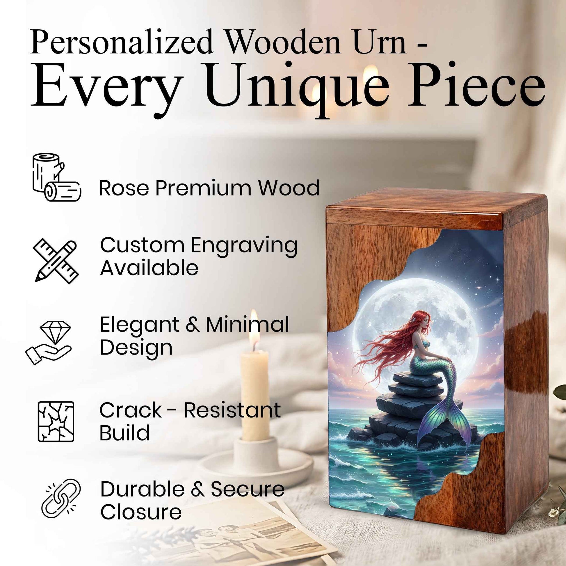 Wooden Cremation Urn – Moonlit Mermaid Memorial Urn | Custom Memorial Urn for Mom, Women & Loved Ones