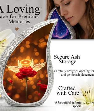 Angel Rose Personalized Cremation Urn – Teardrop Memorial Urn for Ashes | 10 Inch Aluminum Urn