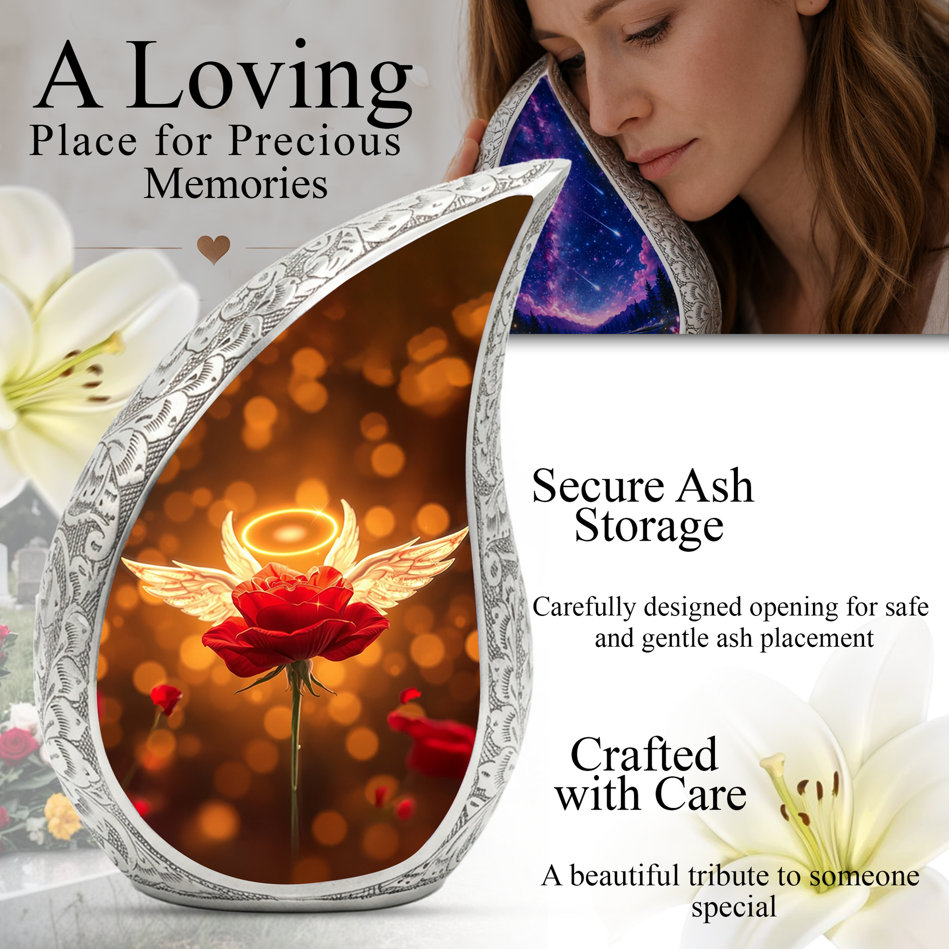Angel Rose Personalized Cremation Urn – Teardrop Memorial Urn for Ashes | 10 Inch Aluminum Urn