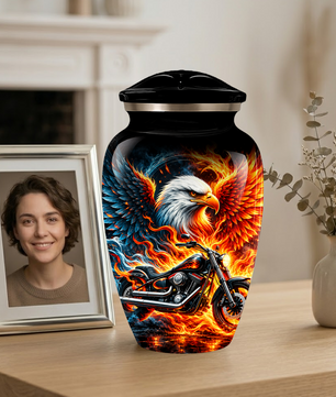 Eagle and Motorcycle Cremation Urn for Adult Ashes, Fiery Phoenix Eagle Biker Urn for Human Ashes