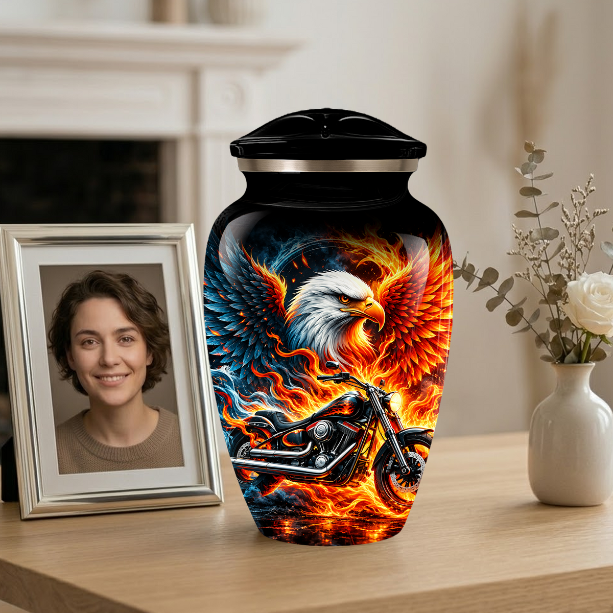 Eagle and Motorcycle Cremation Urn for Adult Ashes, Fiery Phoenix Eagle Biker Urn for Human Ashes