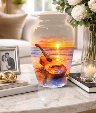 Guitar Urn for Ashes, Beach Sunset Cremation Urn, Custom Memorial Urn, Music Lover Urn