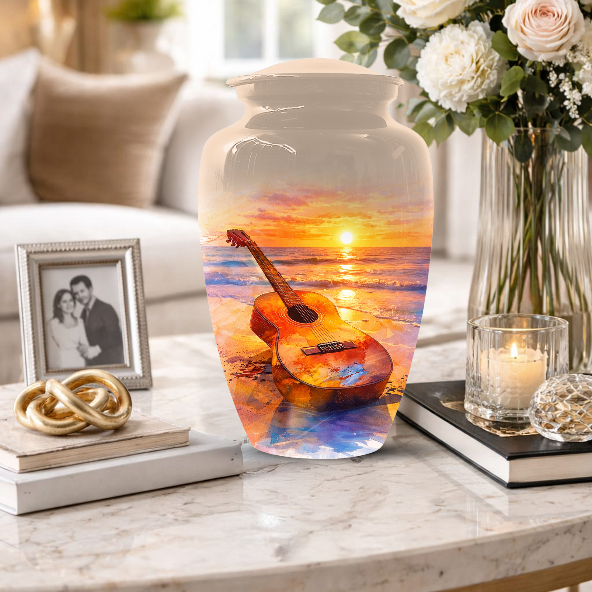 Guitar Urn for Ashes, Beach Sunset Cremation Urn, Custom Memorial Urn, Music Lover Urn