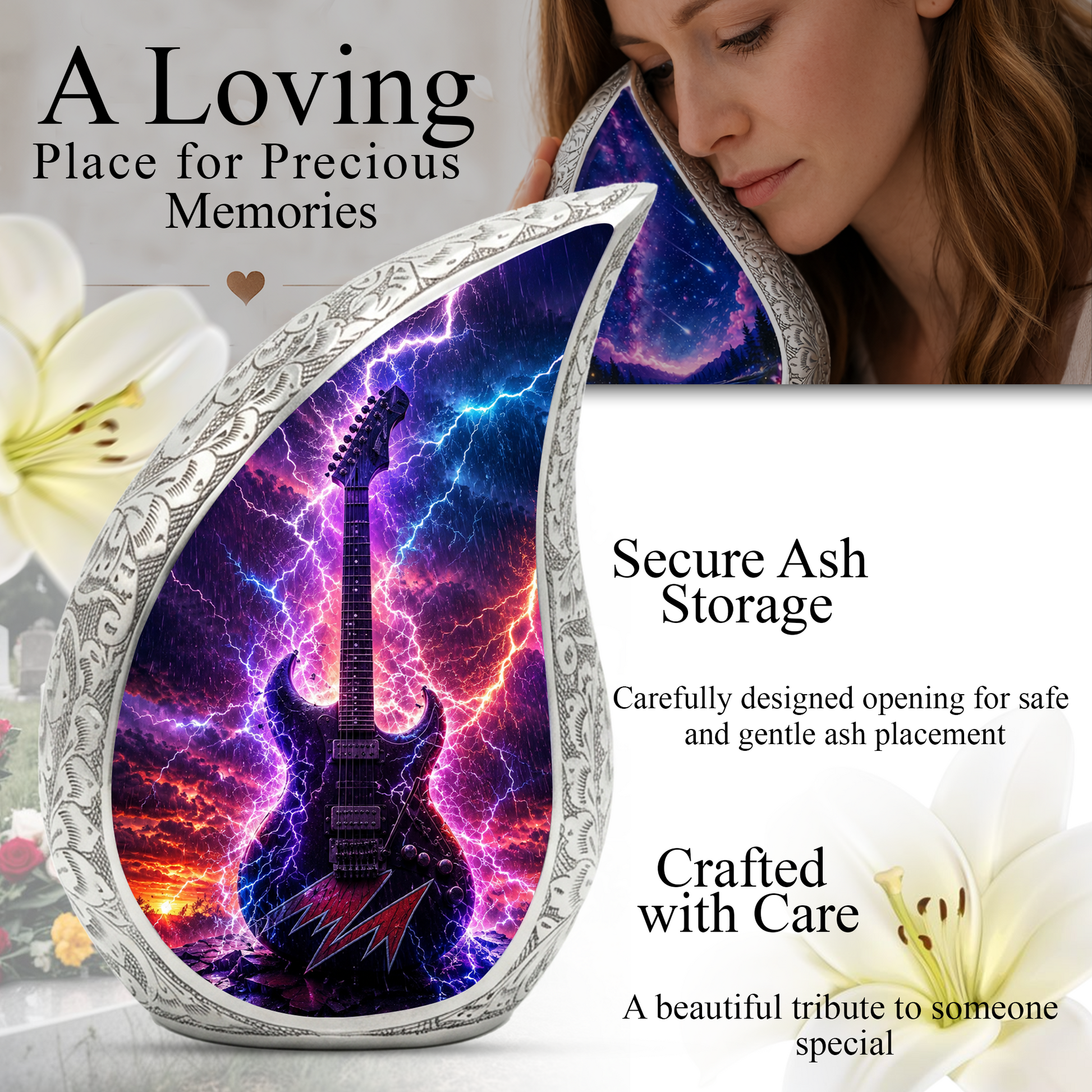 Thunder Guitar Urn for Human Ashes | Rock Music Adult Cremation Urn | Guitar Memorial Urn for Adult Ashes