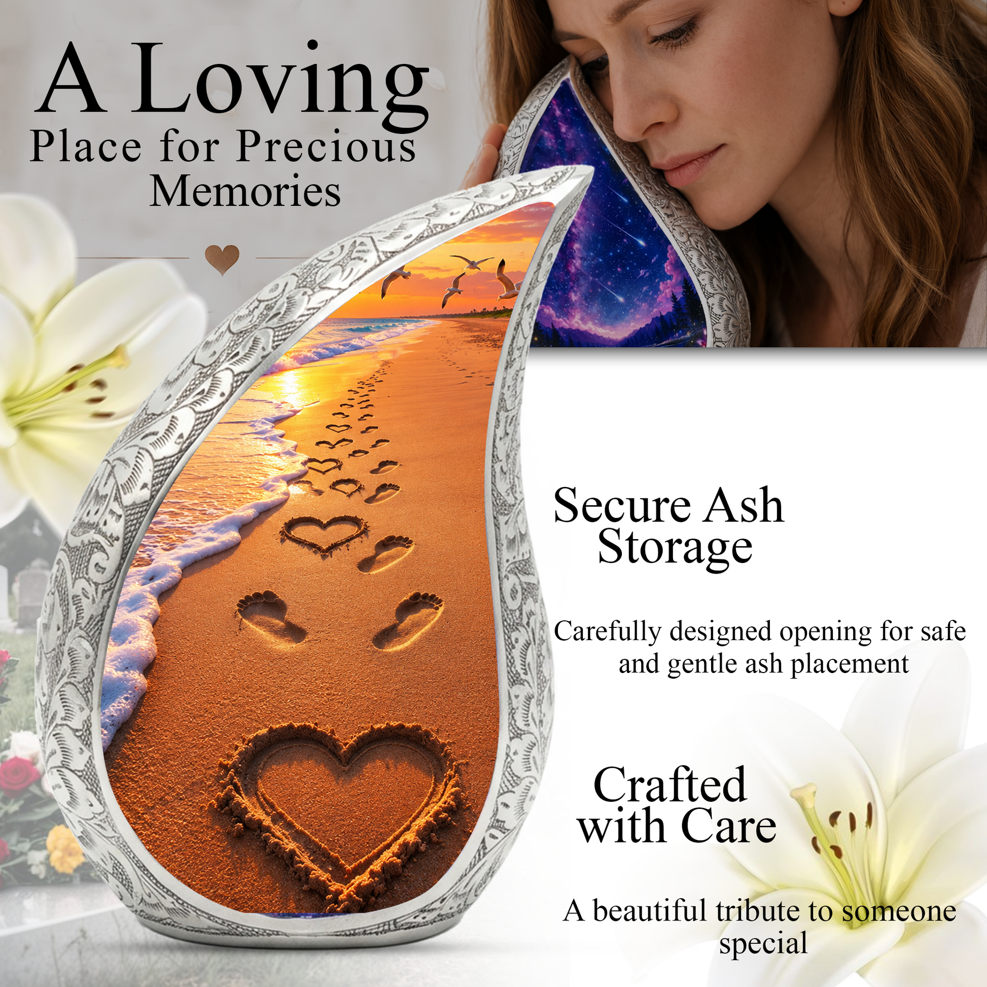 Beach Footprints Memorial Urn for Human Ashes – Personalized Cremation Urn | Heart in Sand Funeral Urn for Mom, Dad & Loved Ones