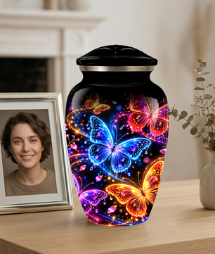 Personalized Butterfly Adult Cremation Urn for Ashes, Colorful Butterfly Memorial Urn, Black Cremation Urn