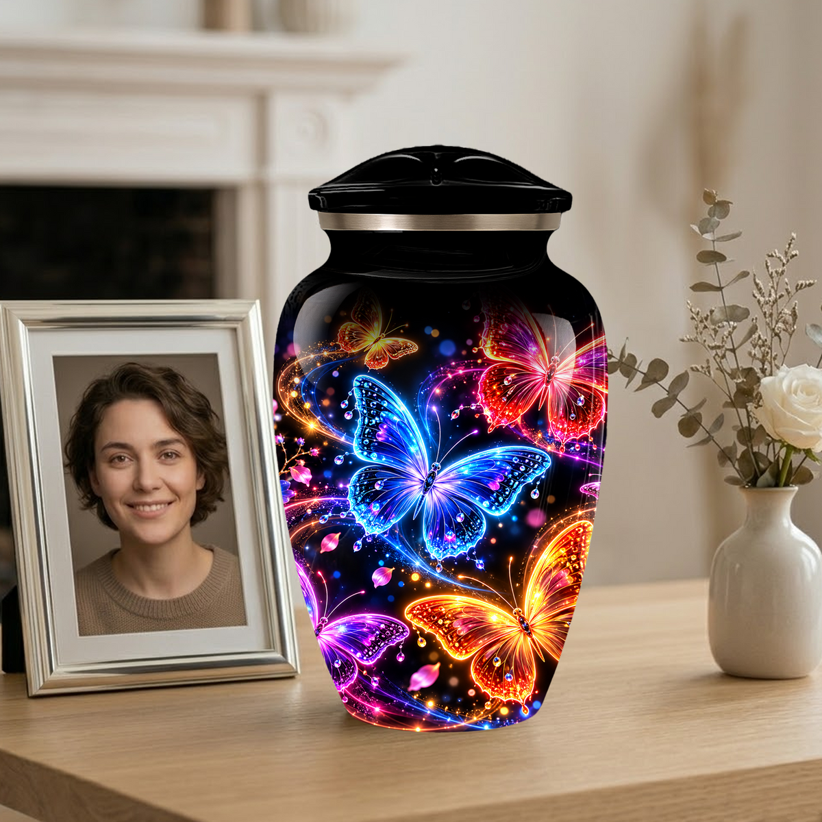 Personalized Butterfly Adult Cremation Urn for Ashes, Colorful Butterfly Memorial Urn, Black Cremation Urn