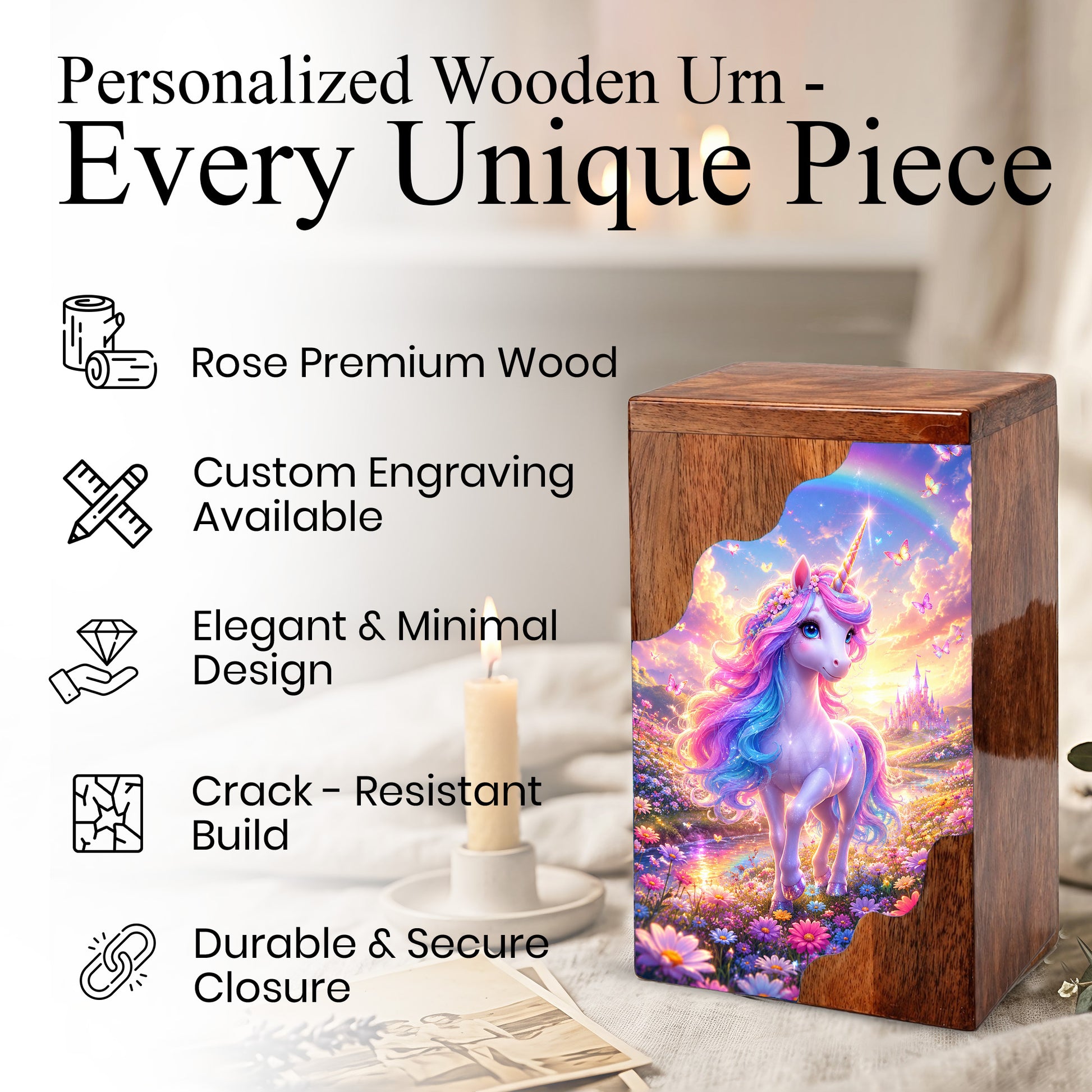 Unicorn Rainbow Wooden Cremation Urn – Wooden Urn for Human Ashes