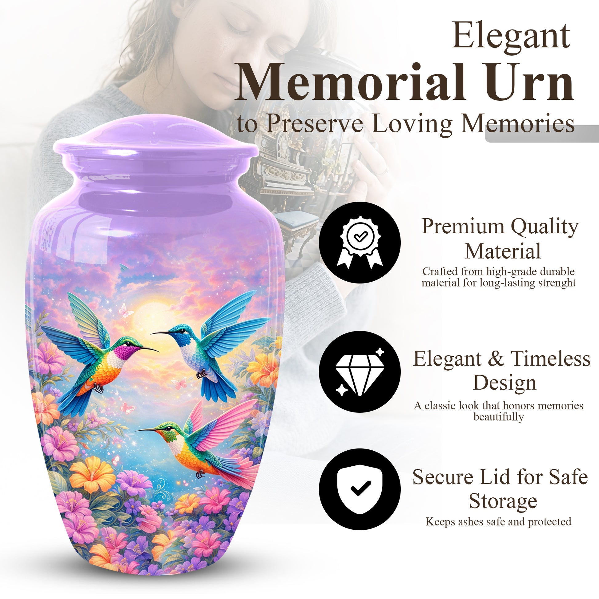 Hummingbird Urn for Mom – Floral Memorial Large Urn for Ashes | Adult Female Cremation Urn