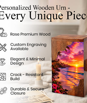 Sunset Beach Wooden Cremation Urn – Coastal Memorial Urn for Human Ashes