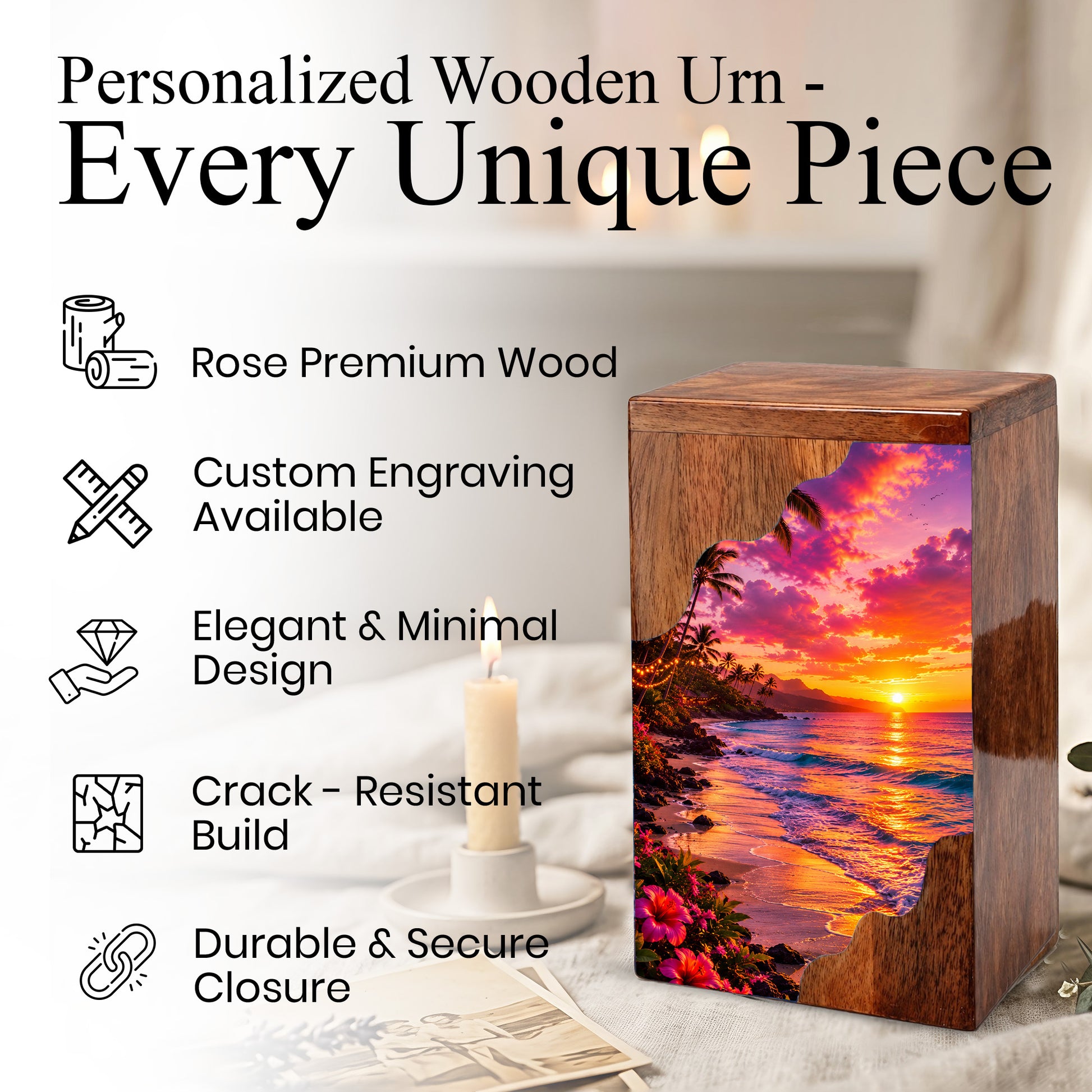 Sunset Beach Wooden Cremation Urn – Coastal Memorial Urn for Human Ashes