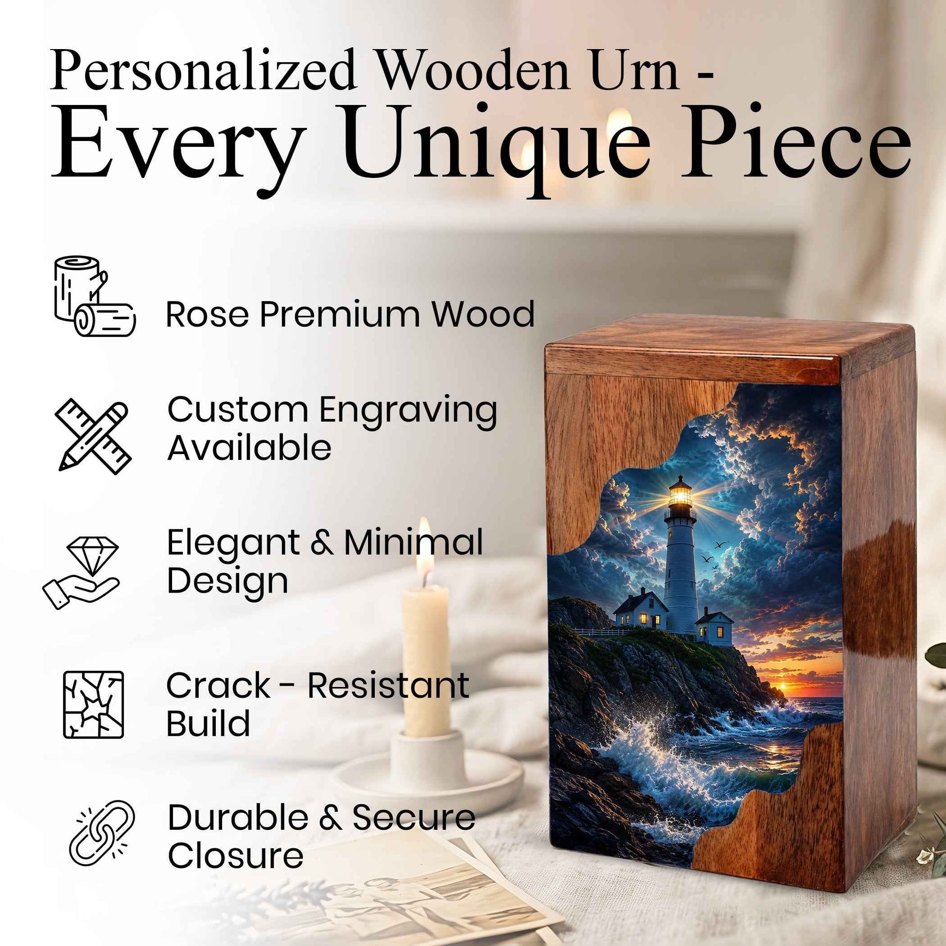Lighthouse Wooden Cremation Urn for Human Ashes