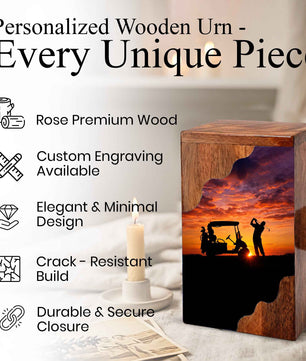 Personalized Golf Wooden Cremation Urn – Sunset Golf Memorial Urn | Custom Wooden Urn for Dad