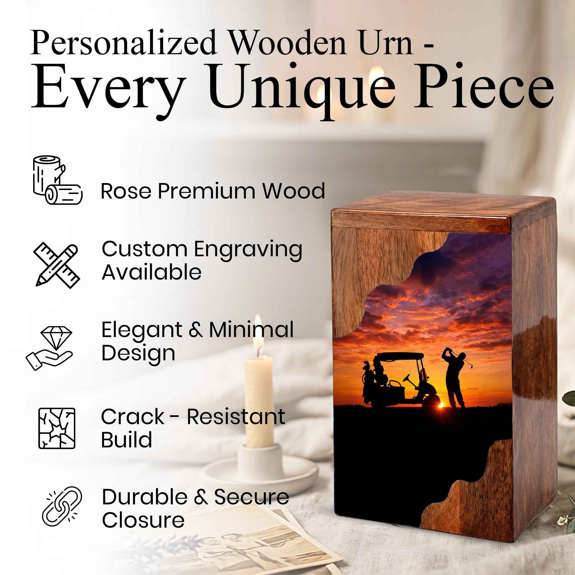 Personalized Golf Wooden Cremation Urn – Sunset Golf Memorial Urn | Custom Wooden Urn for Dad