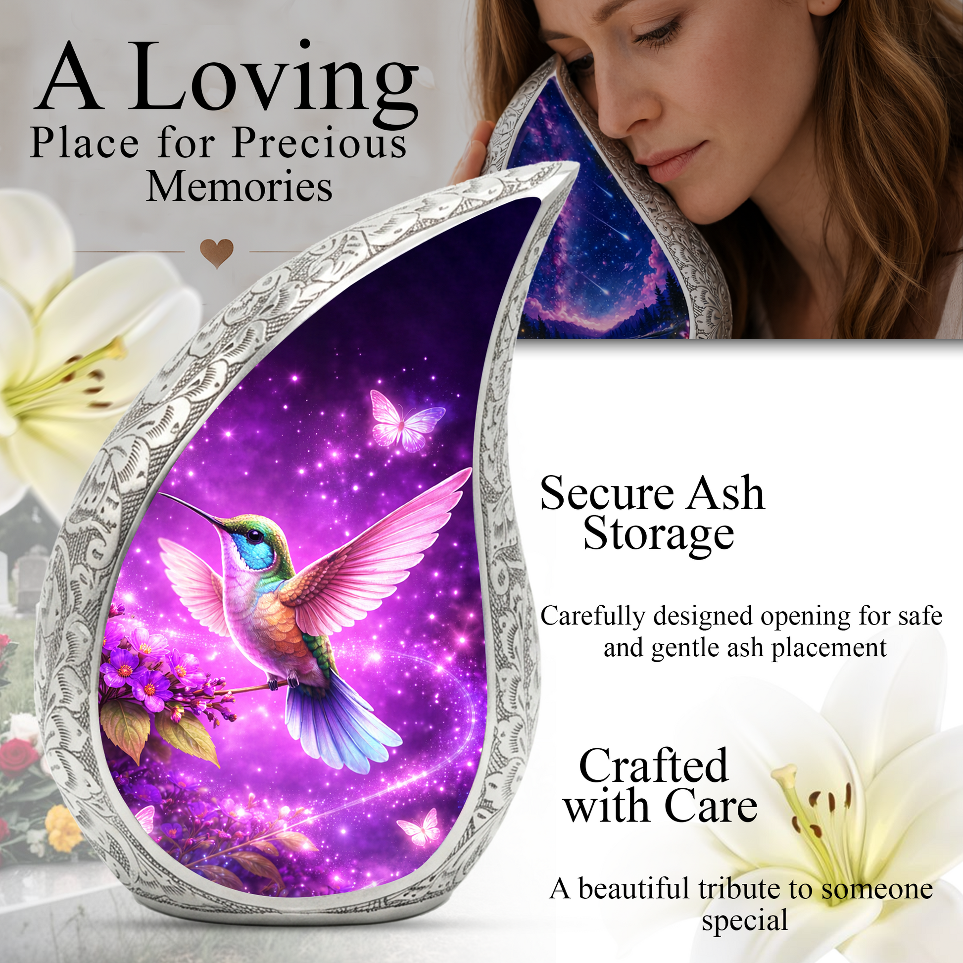 Hummingbird Personalized Cremation Urn – Teardrop Style Aluminum Memorial Urn, 10 Inch