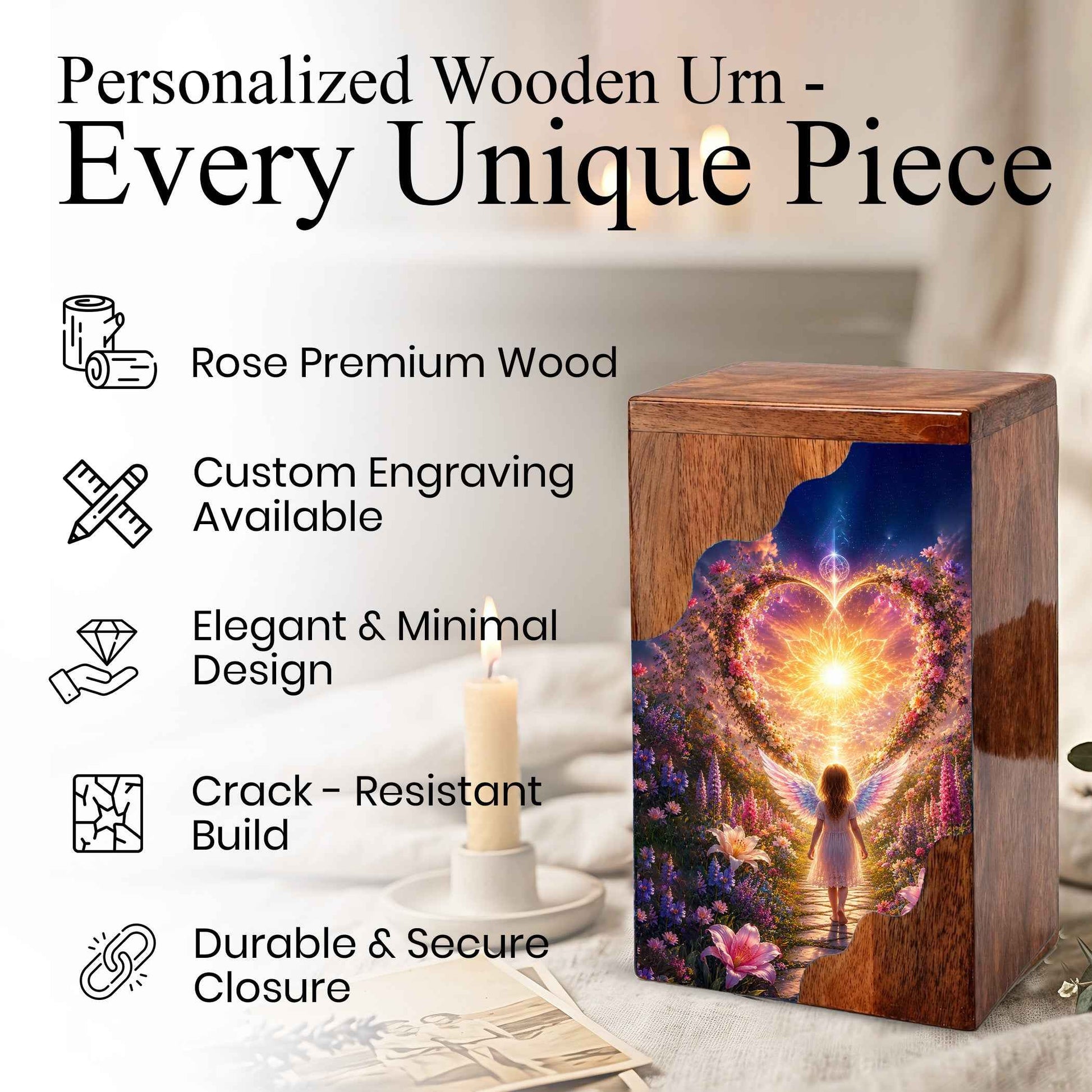 Angel Child Wooden Cremation Urn for Mom, Wooden Urn for Human Ashe