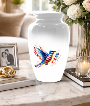 Patriotic Hummingbird Urn for Ashes, American Flag Cremation Urn
