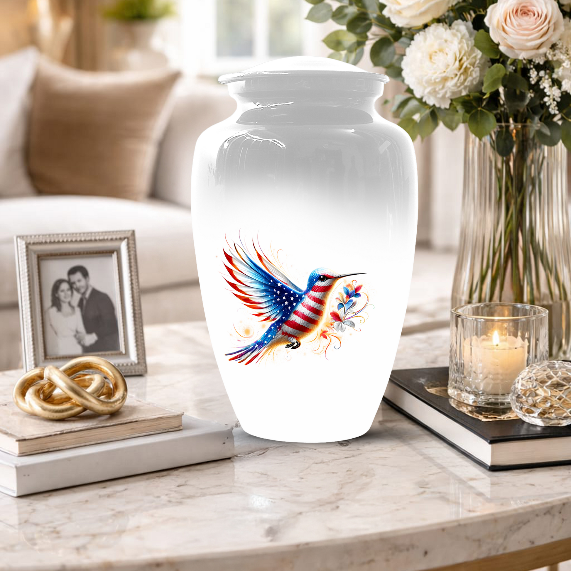 Patriotic Hummingbird Urn for Ashes, American Flag Cremation Urn
