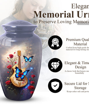 Butterfly Urn for Mom with Guitar – Personalized Cremation Large Urn for Ashes