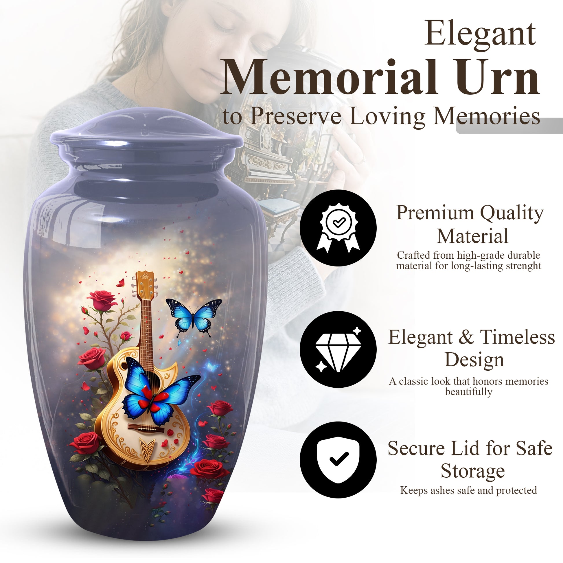 Butterfly Urn for Mom with Guitar – Personalized Cremation Large Urn for Ashes