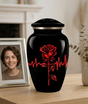 Red Rose Heartbeat Adult Urn for Ashes – Black Adult Cremation Urn, Memorial Urn for Adult Ashes