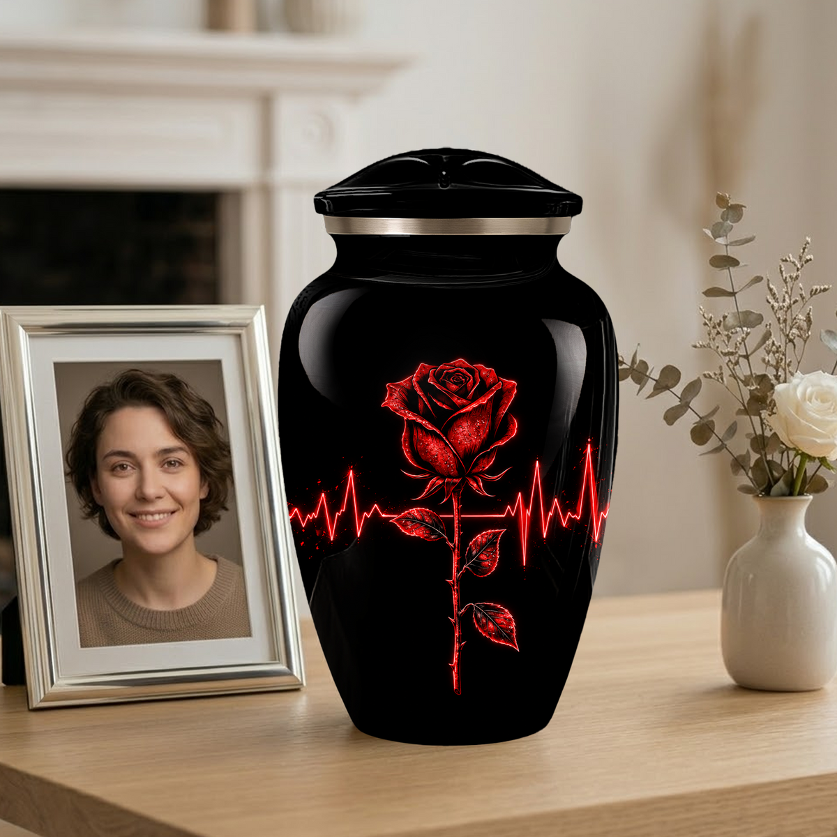 Red Rose Heartbeat Adult Urn for Ashes – Black Adult Cremation Urn, Memorial Urn for Adult Ashes