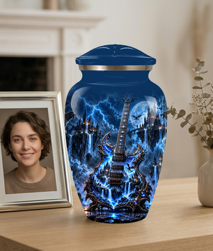 Gothic Electric Guitar Cremation Urn for Ashes, Blue Fantasy Musician Urn, Custom Guitar Urn