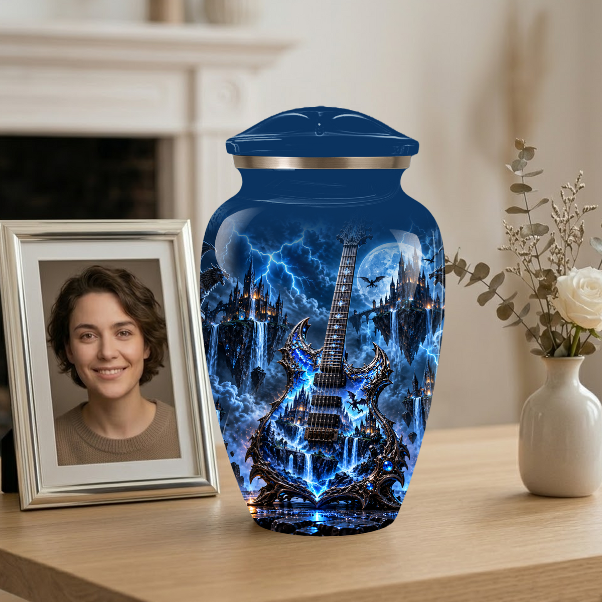 Gothic Electric Guitar Cremation Urn for Ashes, Blue Fantasy Musician Urn, Custom Guitar Urn