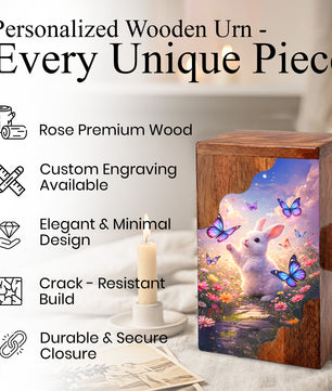 Wooden Cremation Urn – Rabbit Memorial Urn | Butterfly Garden Wooden Urn for Human Ashes