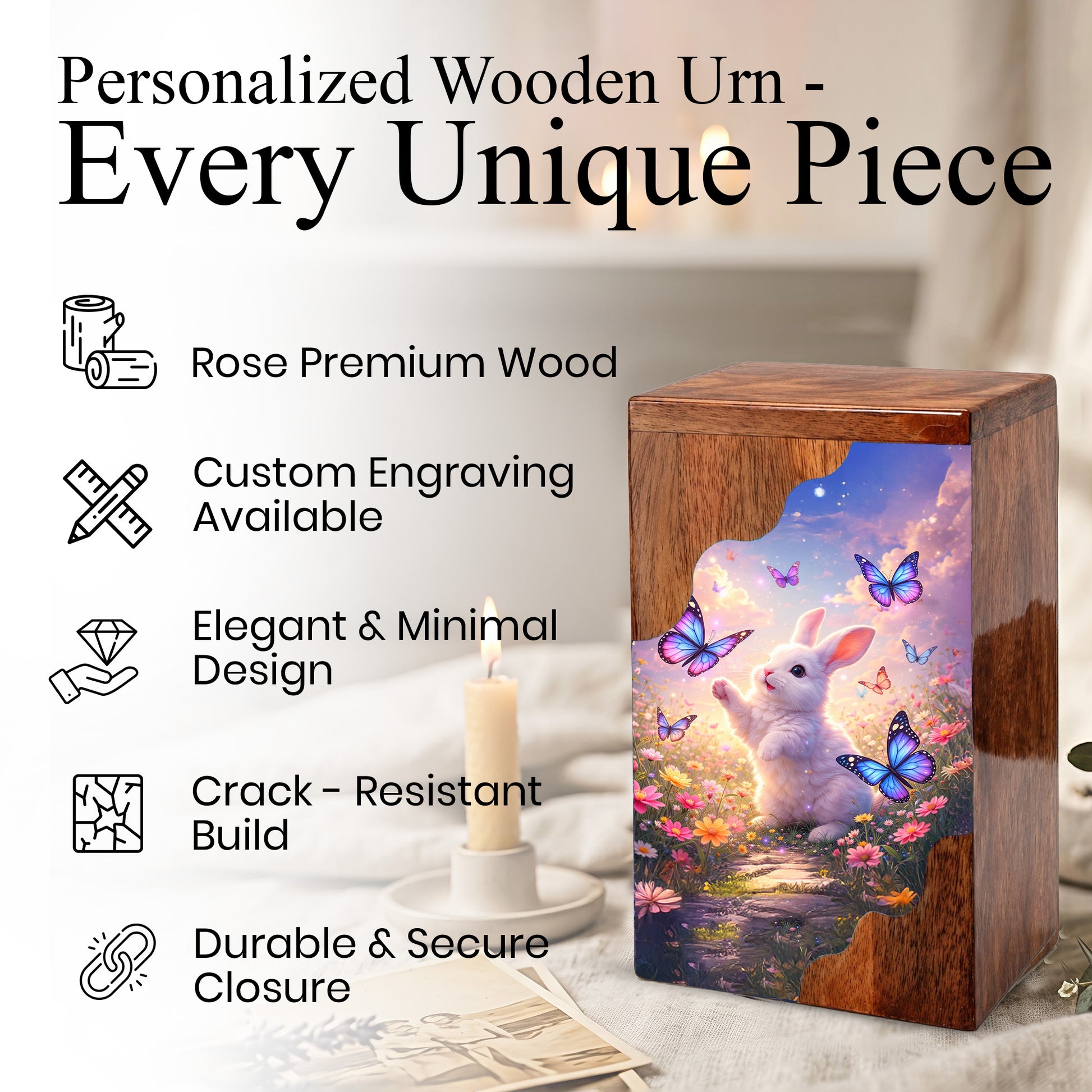Wooden Cremation Urn – Rabbit Memorial Urn | Butterfly Garden Wooden Urn for Human Ashes