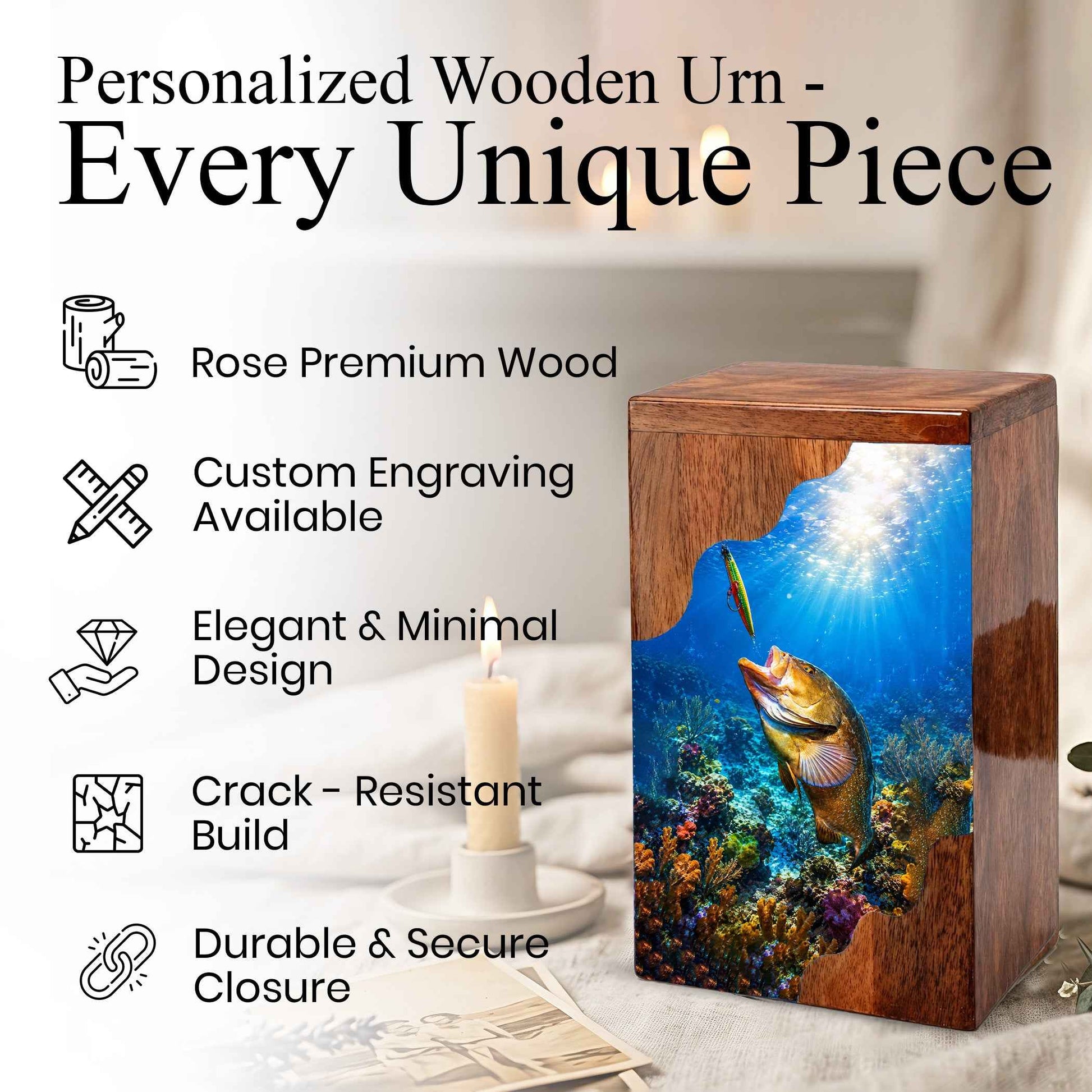 Fishing Wooden Cremation Urn – Fishing in Heaven Memorial Urn for Human Ashes