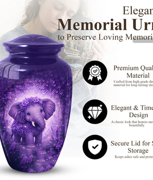 Purple Elephant Urn for Mom, Beautiful Memorial Large Urn for Mother