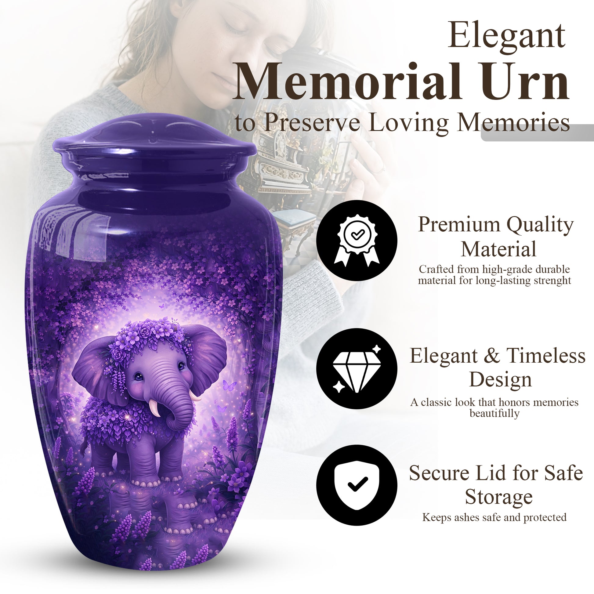Purple Elephant Urn for Mom, Beautiful Memorial Large Urn for Mother