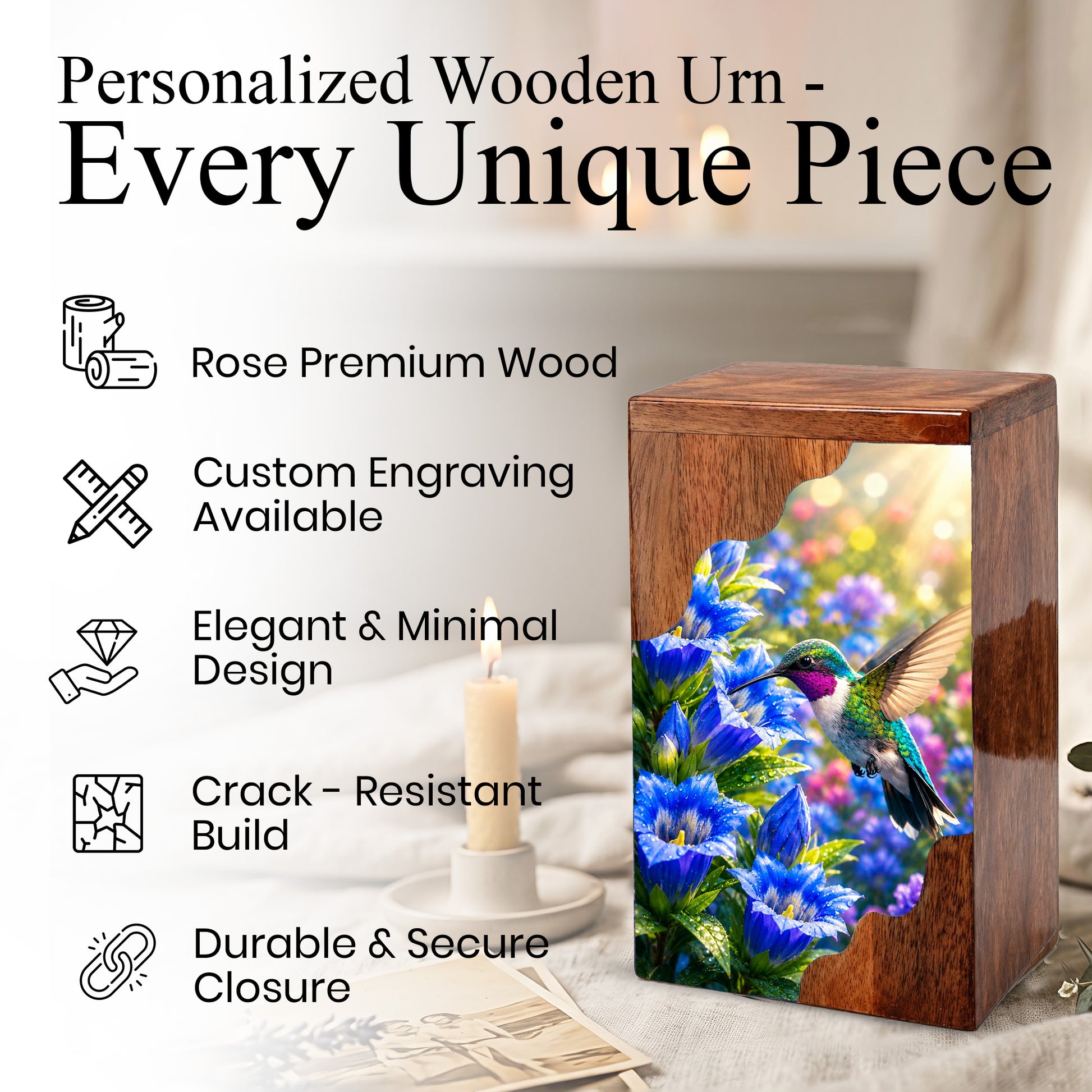 Hummingbird Wooden Cremation Urn for Mom | Personalized Urn for Human Ashes
