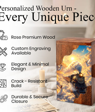 Heaven Bound Train Wooden Cremation Urn – Angel Memorial Urn | Wooden Urn for Human Ashes