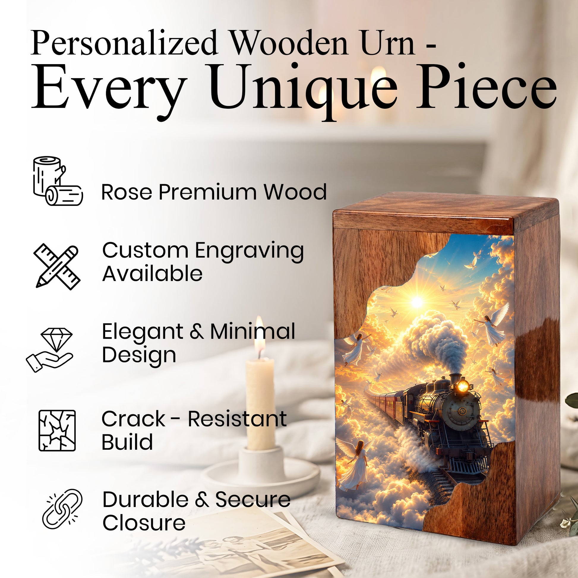 Heaven Bound Train Wooden Cremation Urn – Angel Memorial Urn | Wooden Urn for Human Ashes