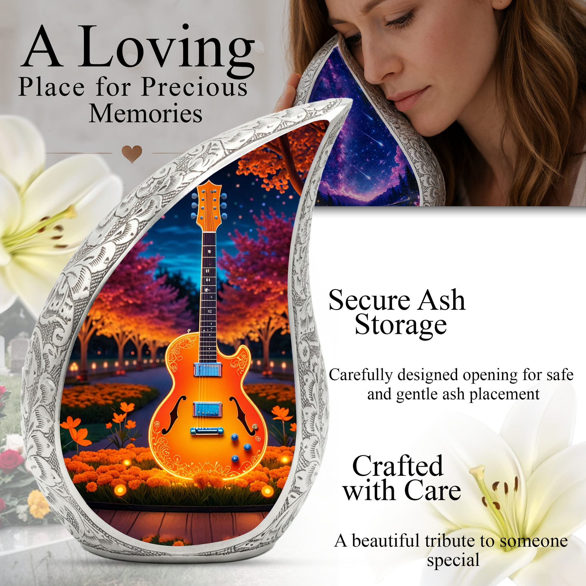 Personalized Guitar Cremation Urn – Custom Music Memorial Urn for Ashes, Teardrop Aluminum Adult Urn, 10 Inch