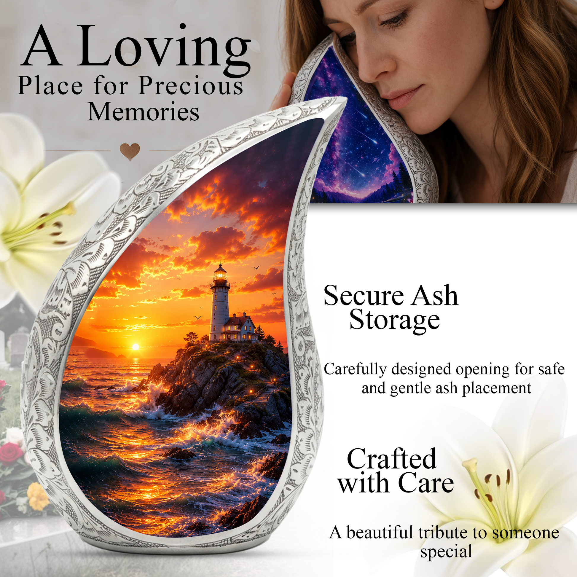Ocean Sunset Lighthouse Cremation Urn for Human Ashes – Adult Memorial Urn for Dad, Father, Men & Loved Ones