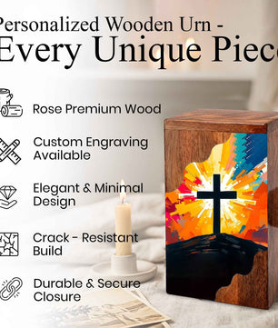 Wooden Cremation Urn – Radiant Cross Memorial Urn | Christian Wooden Urn for Ashes
