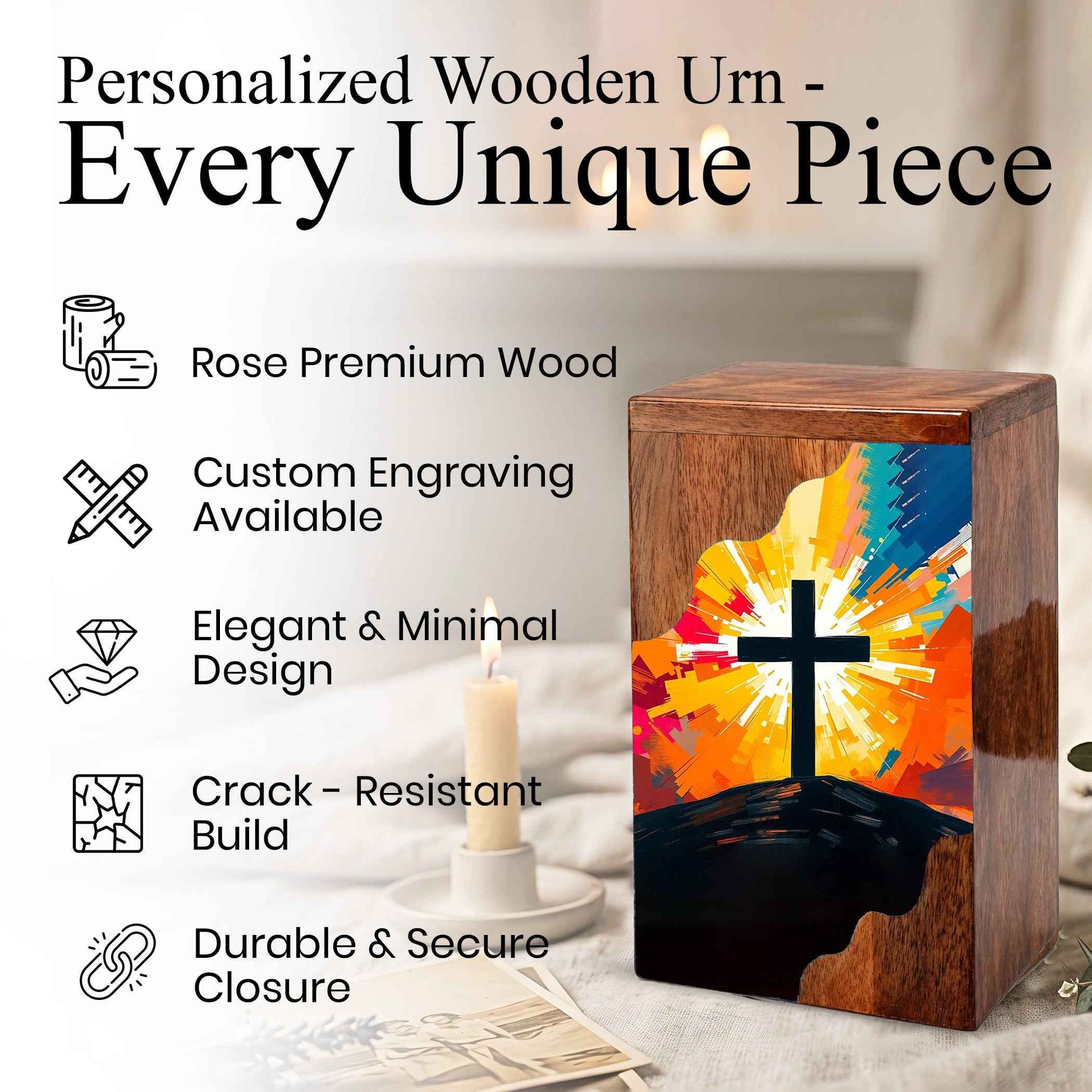 Wooden Cremation Urn – Radiant Cross Memorial Urn | Christian Wooden Urn for Ashes