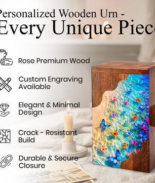 Butterfly Beach Wooden Cremation Urn – Ocean Memorial Urn for Mom