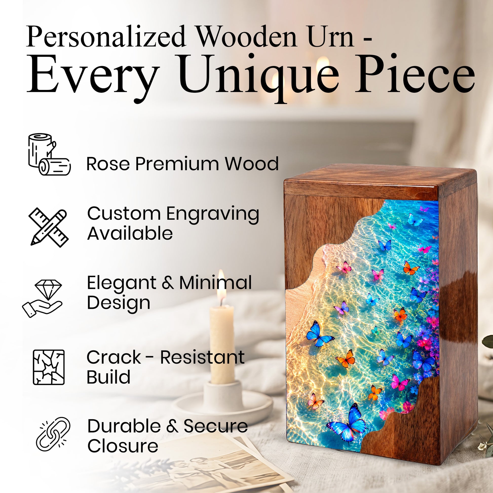 Butterfly Beach Wooden Cremation Urn – Ocean Memorial Urn for Mom