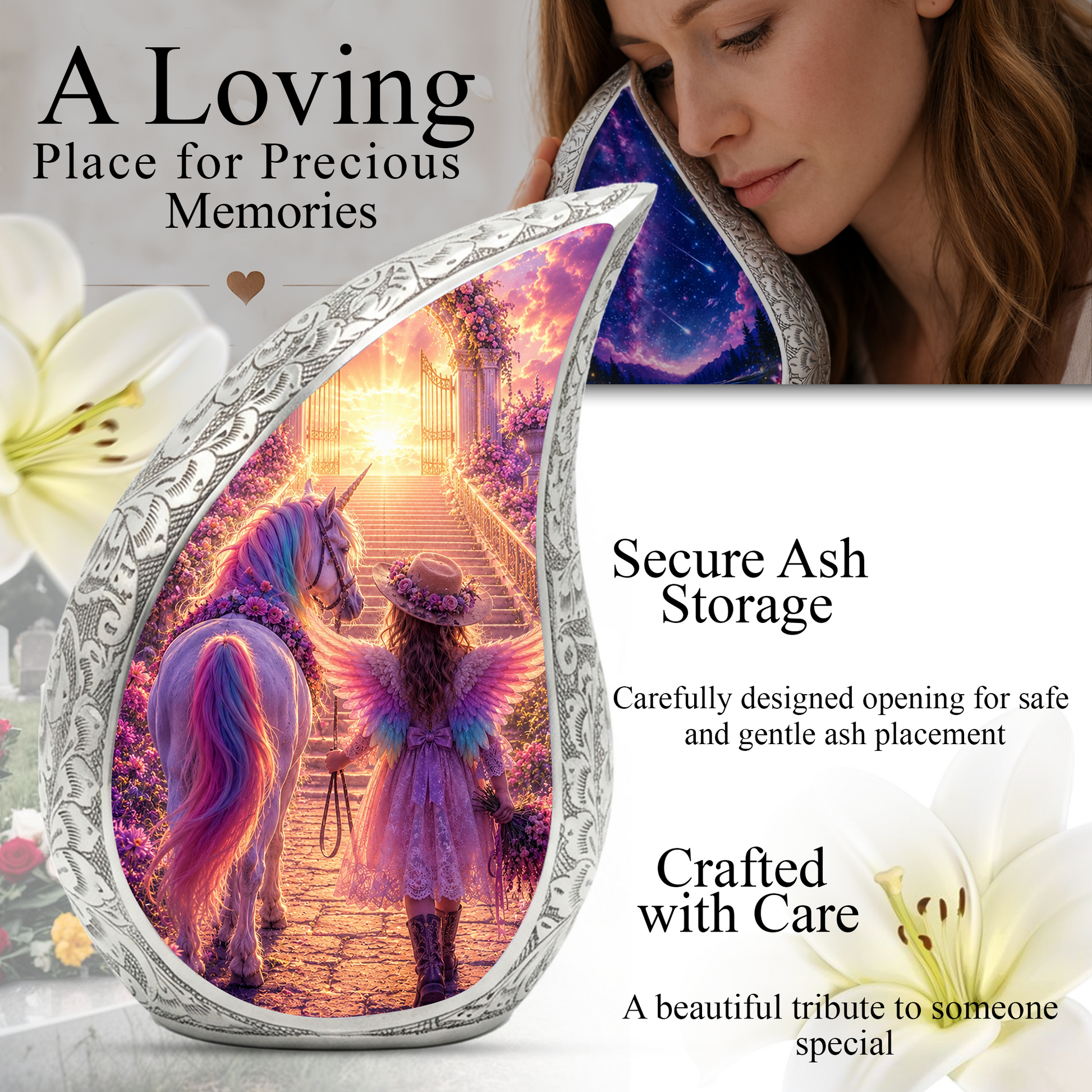Unicorn Angel Girl Heaven Urn for Human Ashes – Beautiful Cremation Memorial Urn for Mom