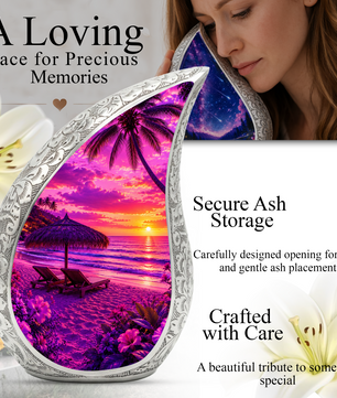 Beach Urns for Human Ashes – Ocean Sunset Beach Themed Cremation Urn, Palm Tree & Ocean Wave Memorial Urn for Mom, Women & Adults