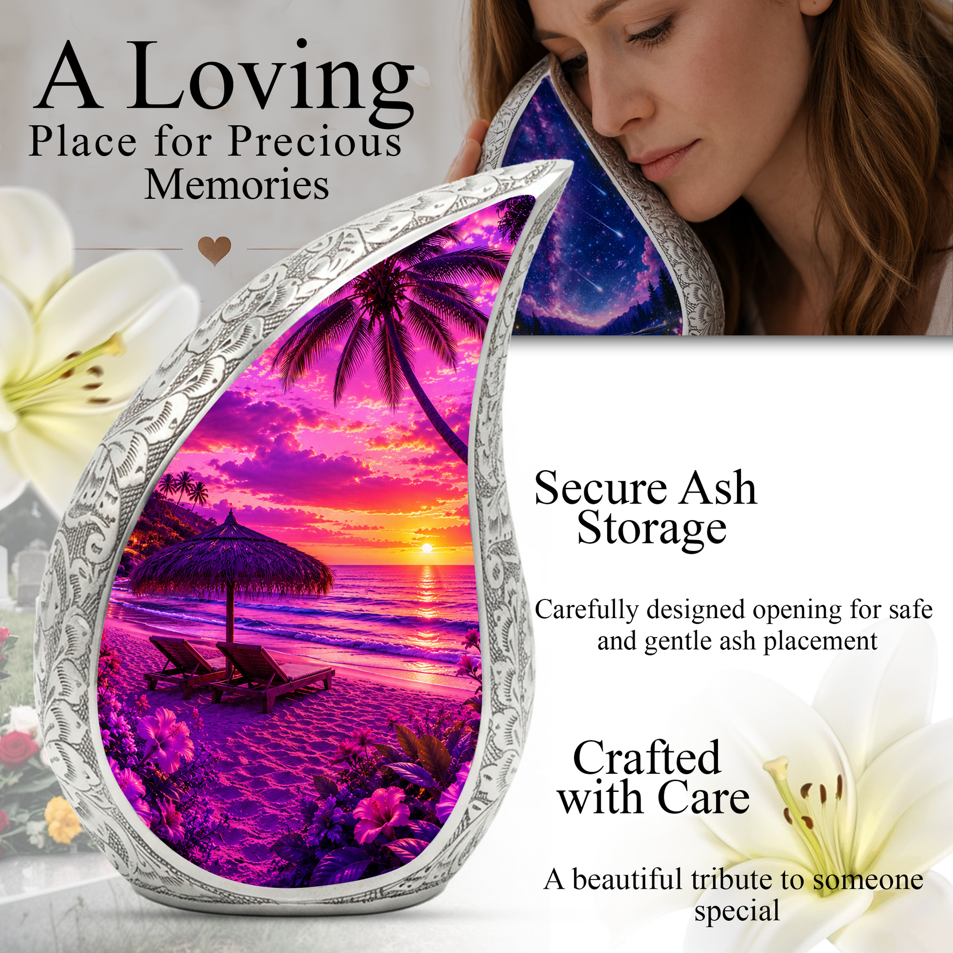 Beach Urns for Human Ashes – Ocean Sunset Beach Themed Cremation Urn, Palm Tree & Ocean Wave Memorial Urn for Mom, Women & Adults