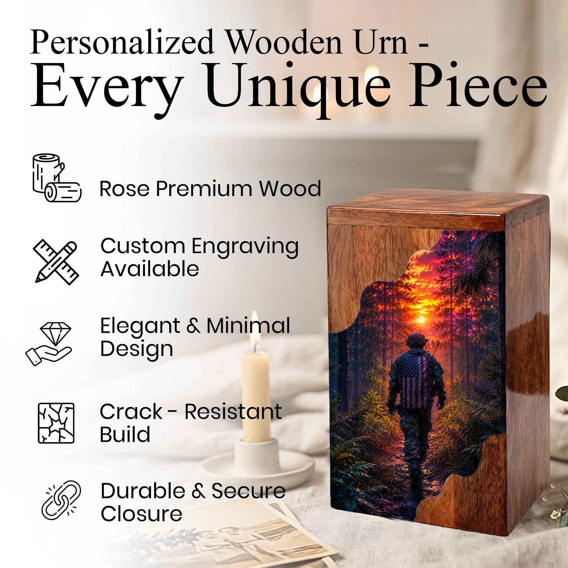 Military Memorial Wooden Cremation Urn – Patriotic Tribute Urn