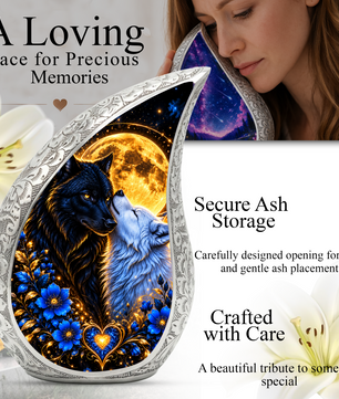 Wolf Couple Cremation Urn for Ashes, Personalized Adult Urn, Black and White Wolf Memorial Urn
