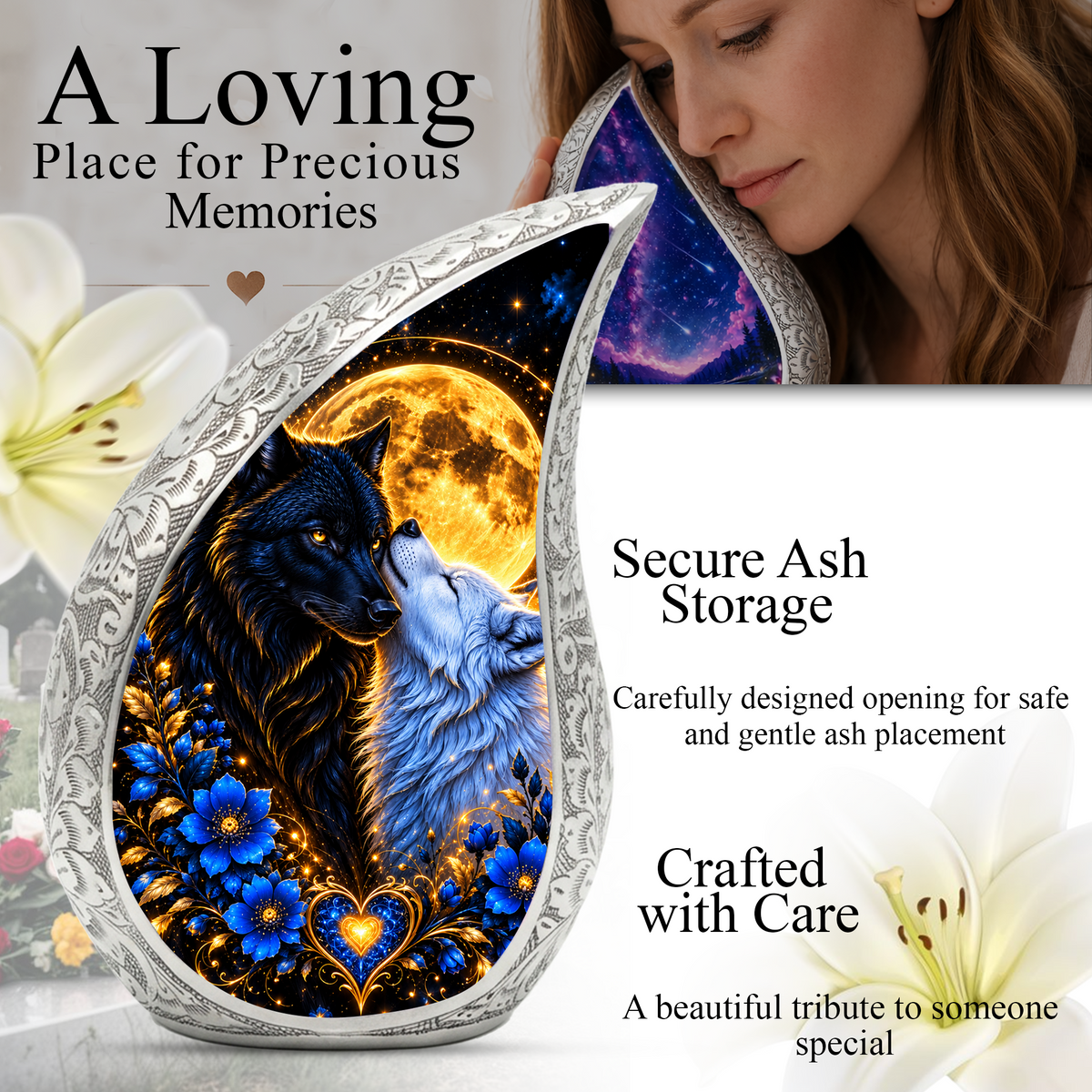 Wolf Couple Cremation Urn for Ashes, Personalized Adult Urn, Black and White Wolf Memorial Urn