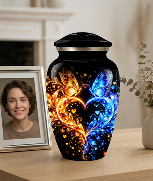Butterfly Cremation Urn for Adult Ashes, Blue and Gold Butterflies Memorial Urn