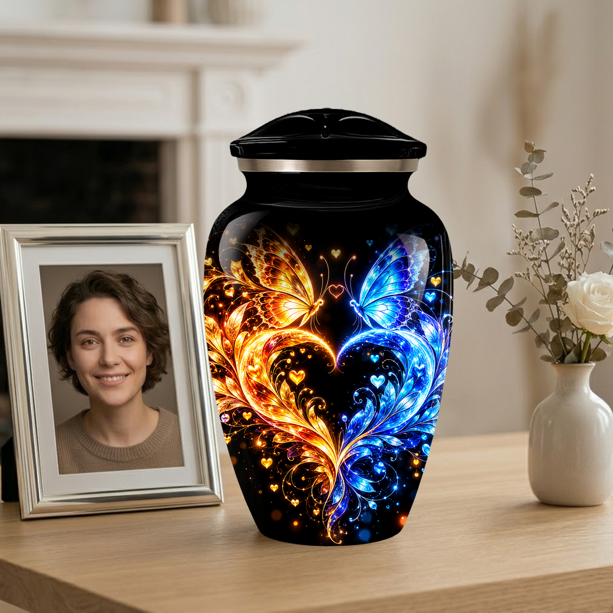 Butterfly Cremation Urn for Adult Ashes, Blue and Gold Butterflies Memorial Urn